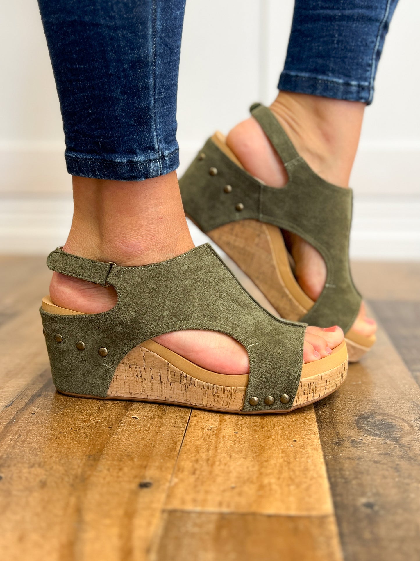 Corkys Carley Wedge Shoes in Olive Suede