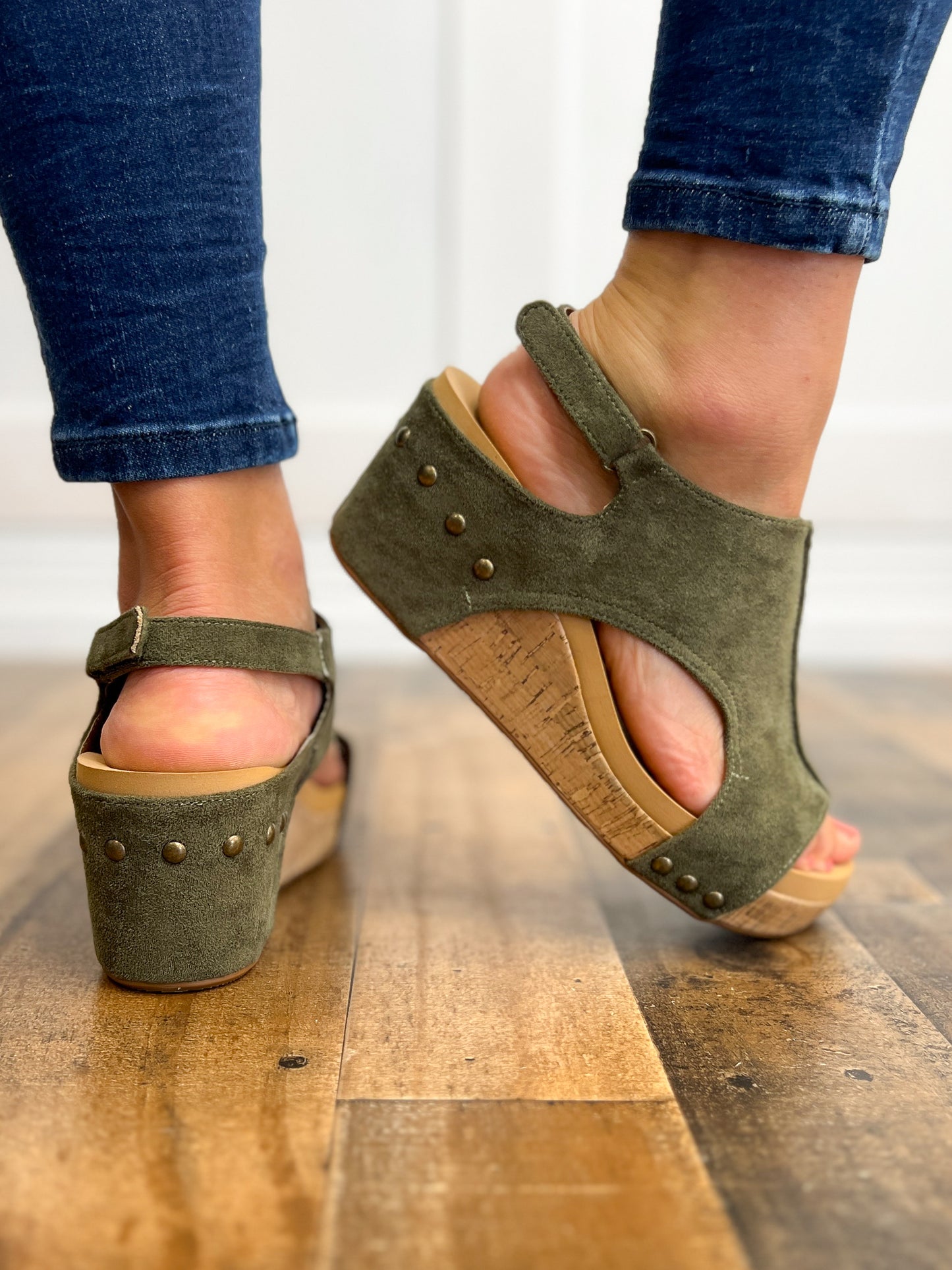 Corkys Carley Wedge Shoes in Olive Suede