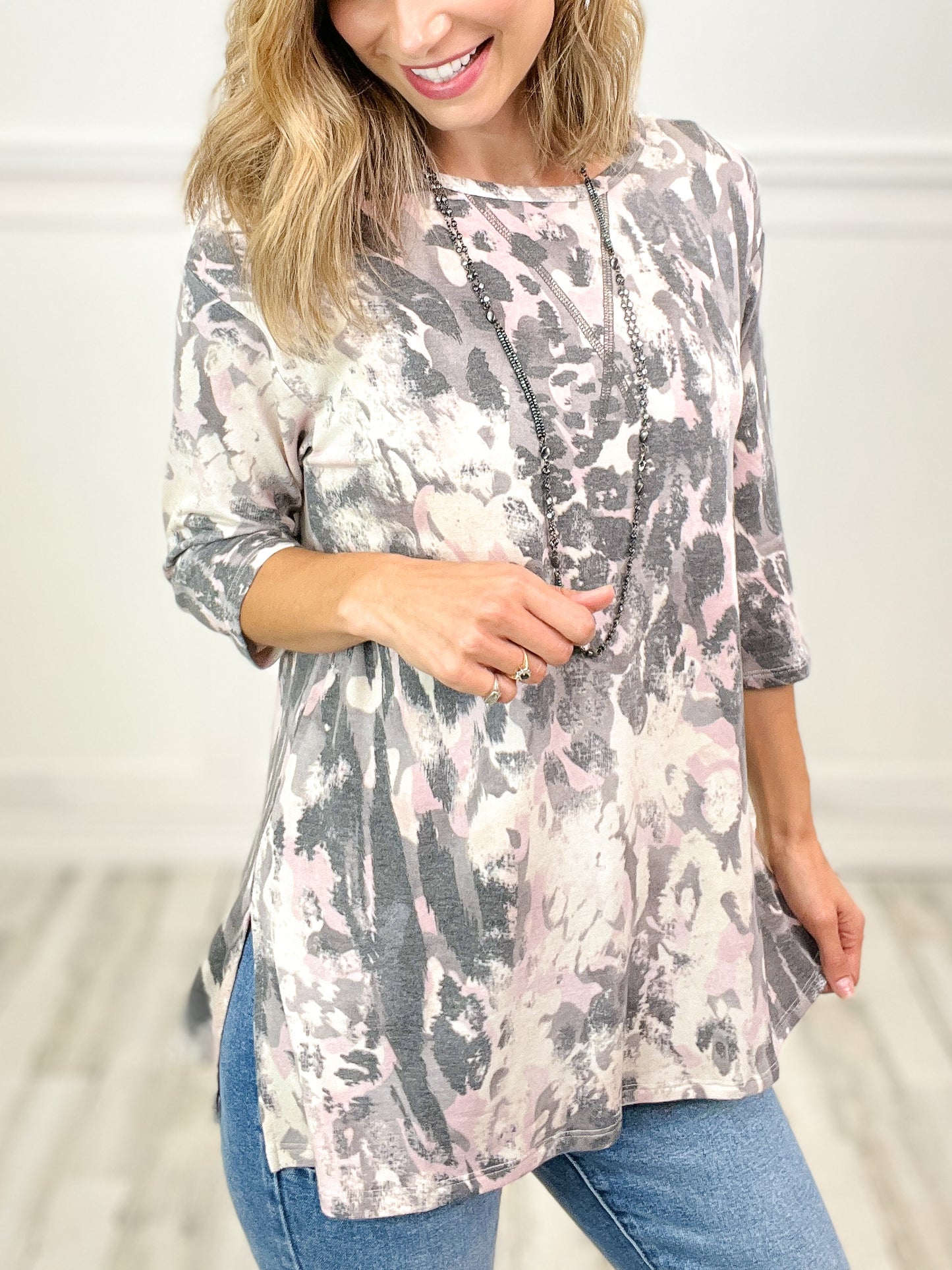 Far Out 3/4 Length Sleeve Top with Round Neckline