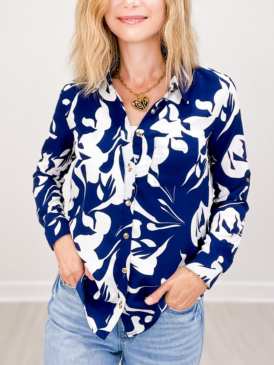 Printed Collar Button Up Top with Rollable Long Sleeves