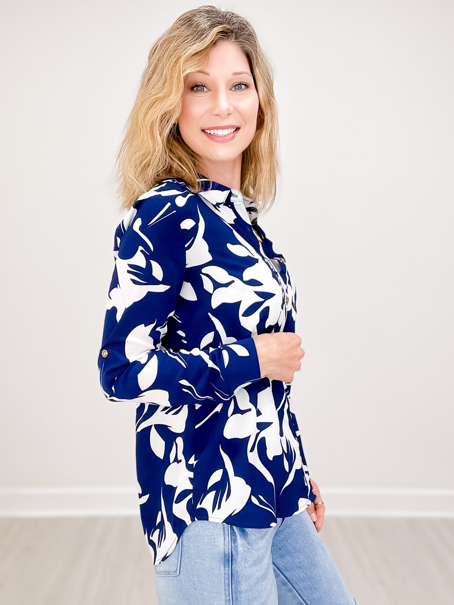 Printed Collar Button Up Top with Rollable Long Sleeves