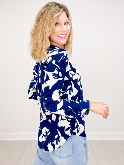 Printed Collar Button Up Top with Rollable Long Sleeves