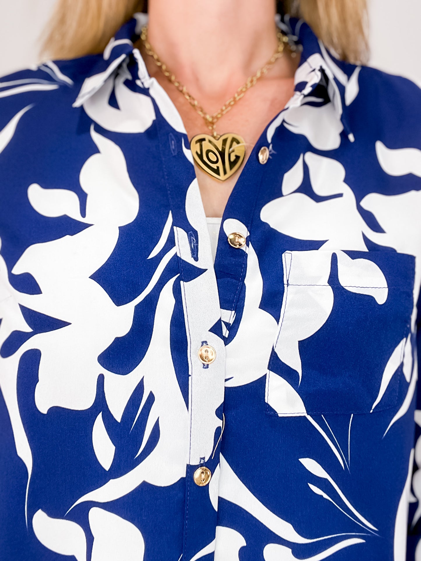 Printed Collar Button Up Top with Rollable Long Sleeves