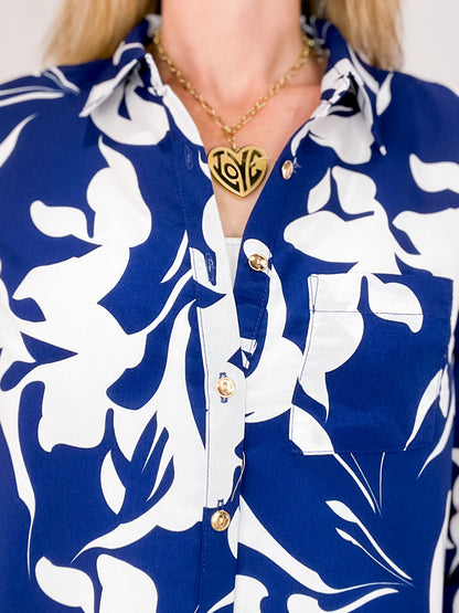 Printed Collar Button Up Top with Rollable Long Sleeves
