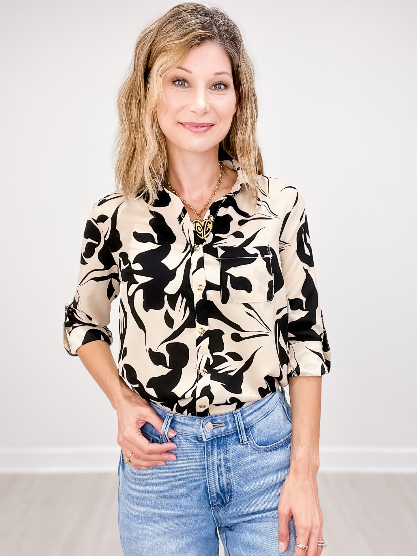 Printed Collar Button Up Top with Rollable Long Sleeves