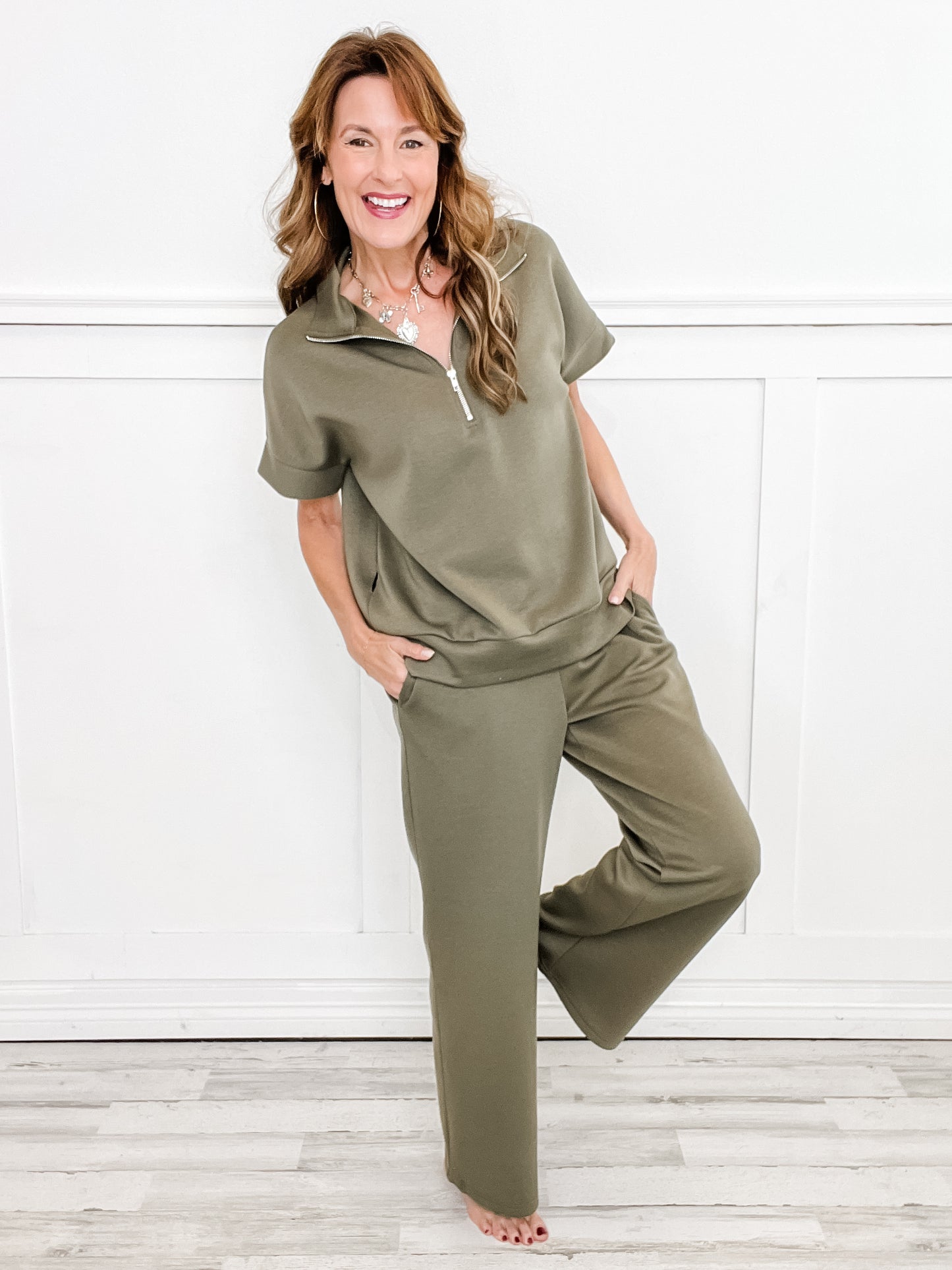 Catalina Short Sleeve Half Zipper Top with Wide Leg Pants Set in Olive