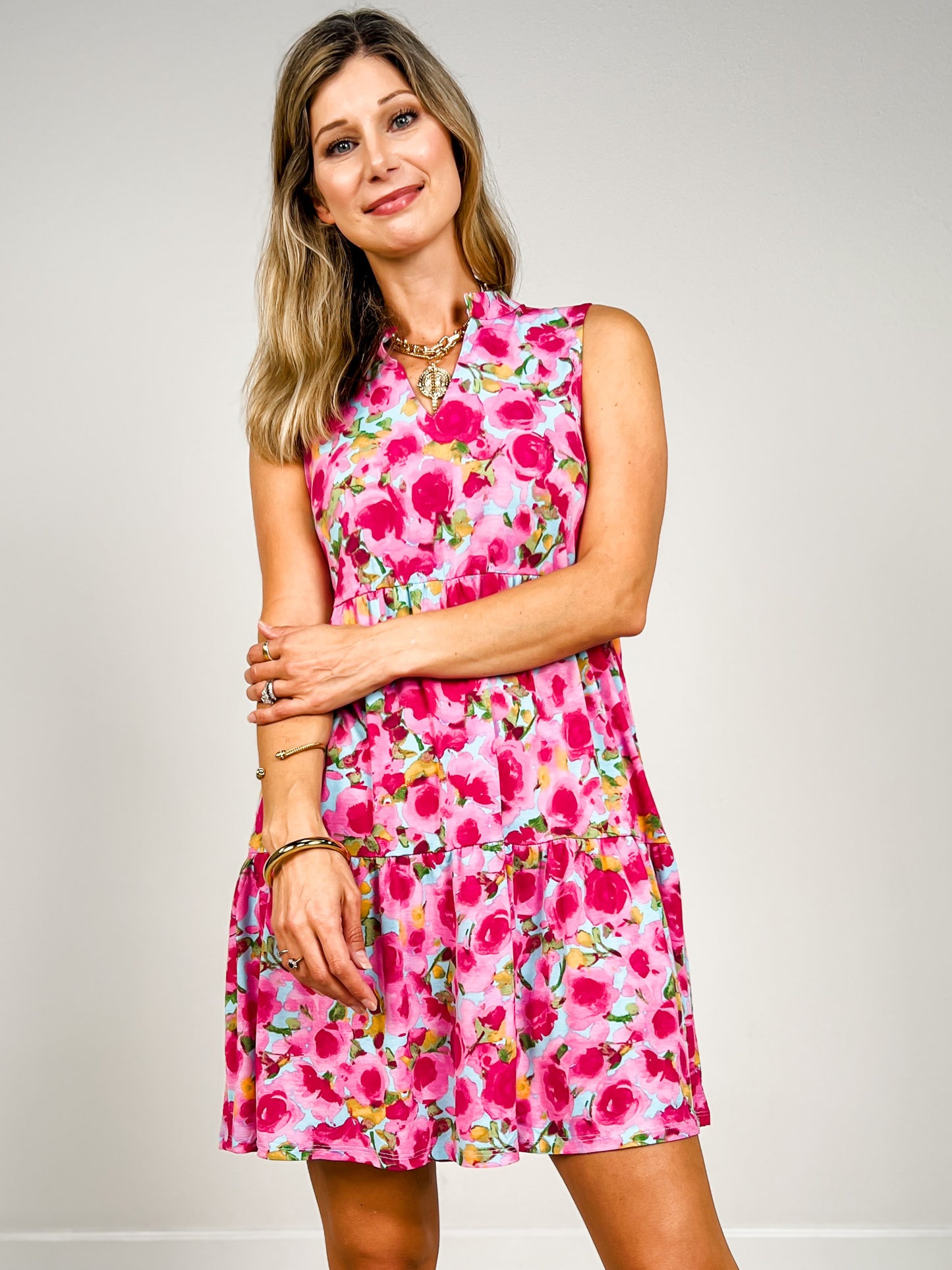 Sleeveless Lizzy Floral Tiered Dress in Aqua