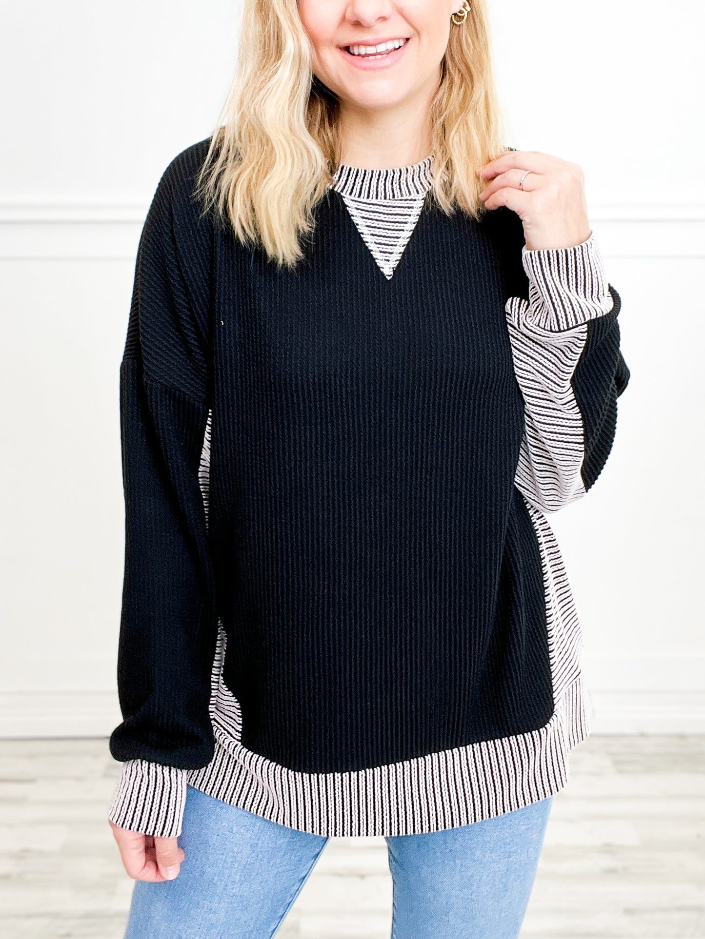 Two Tone Wave Ribbed Long Sleeve Top