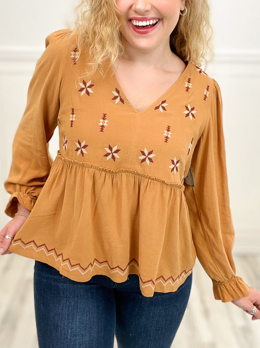 V NECK EMBROIDERED BABYDOLL BLOUSE