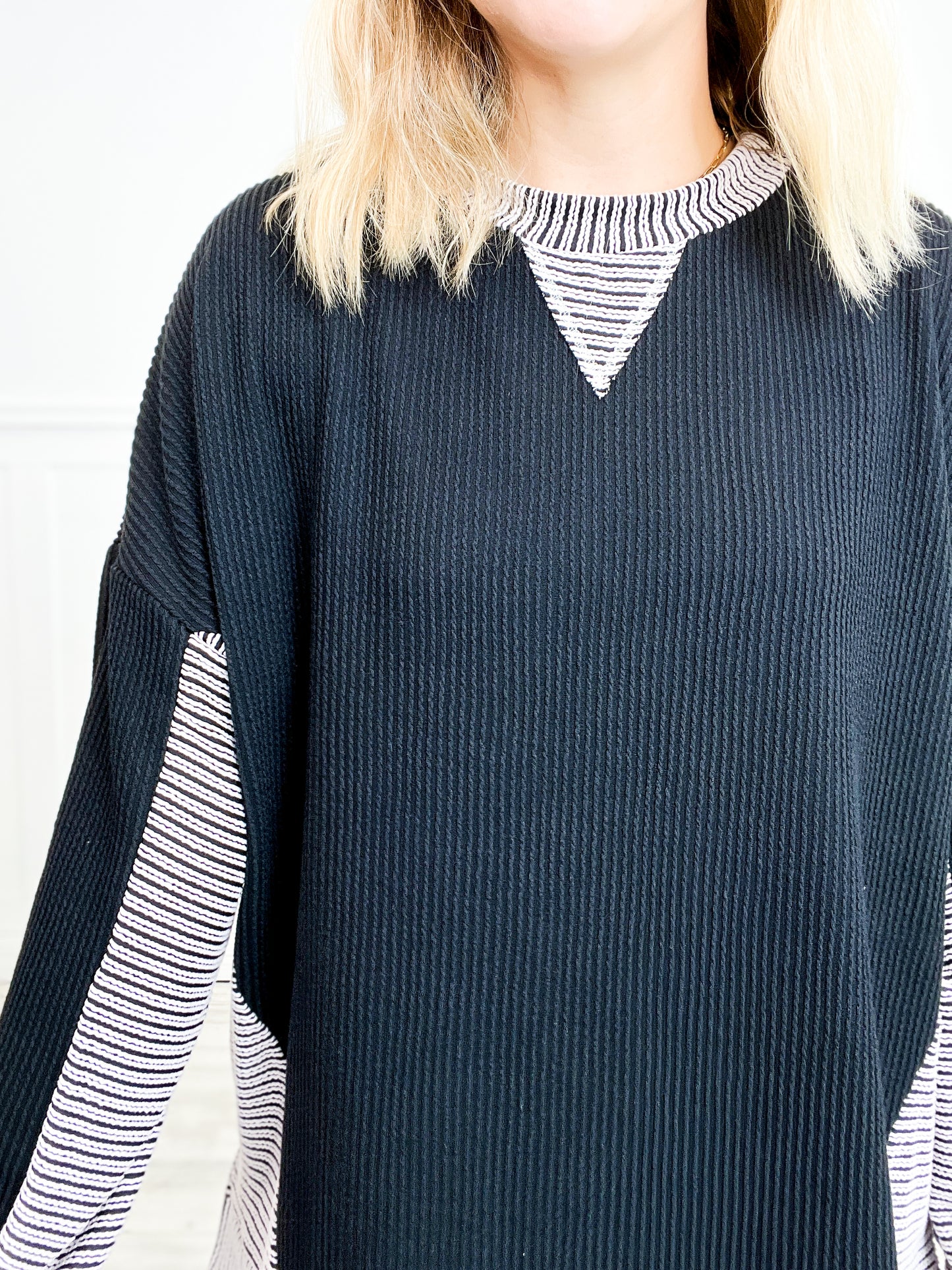 Two Tone Wave Ribbed Long Sleeve Top