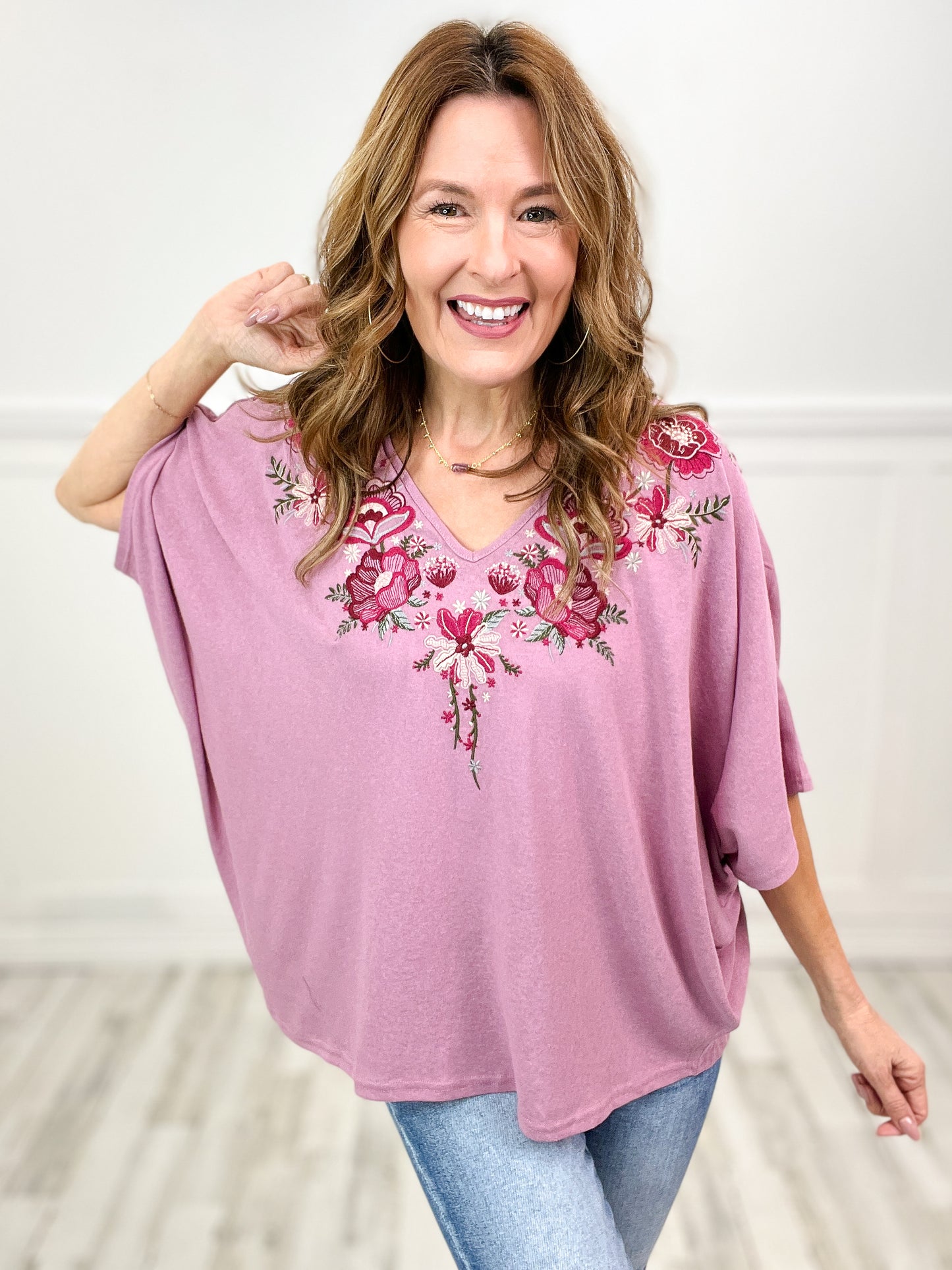 Blessing In Disguise V-Neck Poncho Top with Embroidery Design