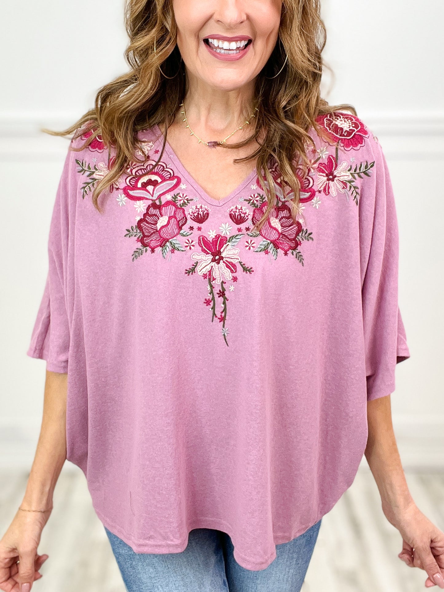 Blessing In Disguise V-Neck Poncho Top with Embroidery Design