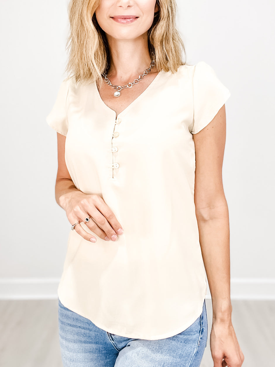 Solid Butterfly Sleeve Button V-Neck Top
