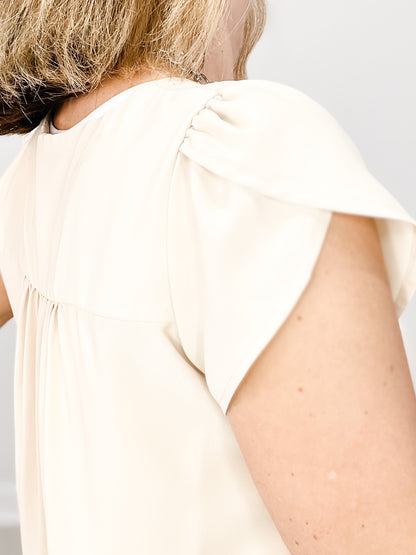 Solid Butterfly Sleeve Button V-Neck Top