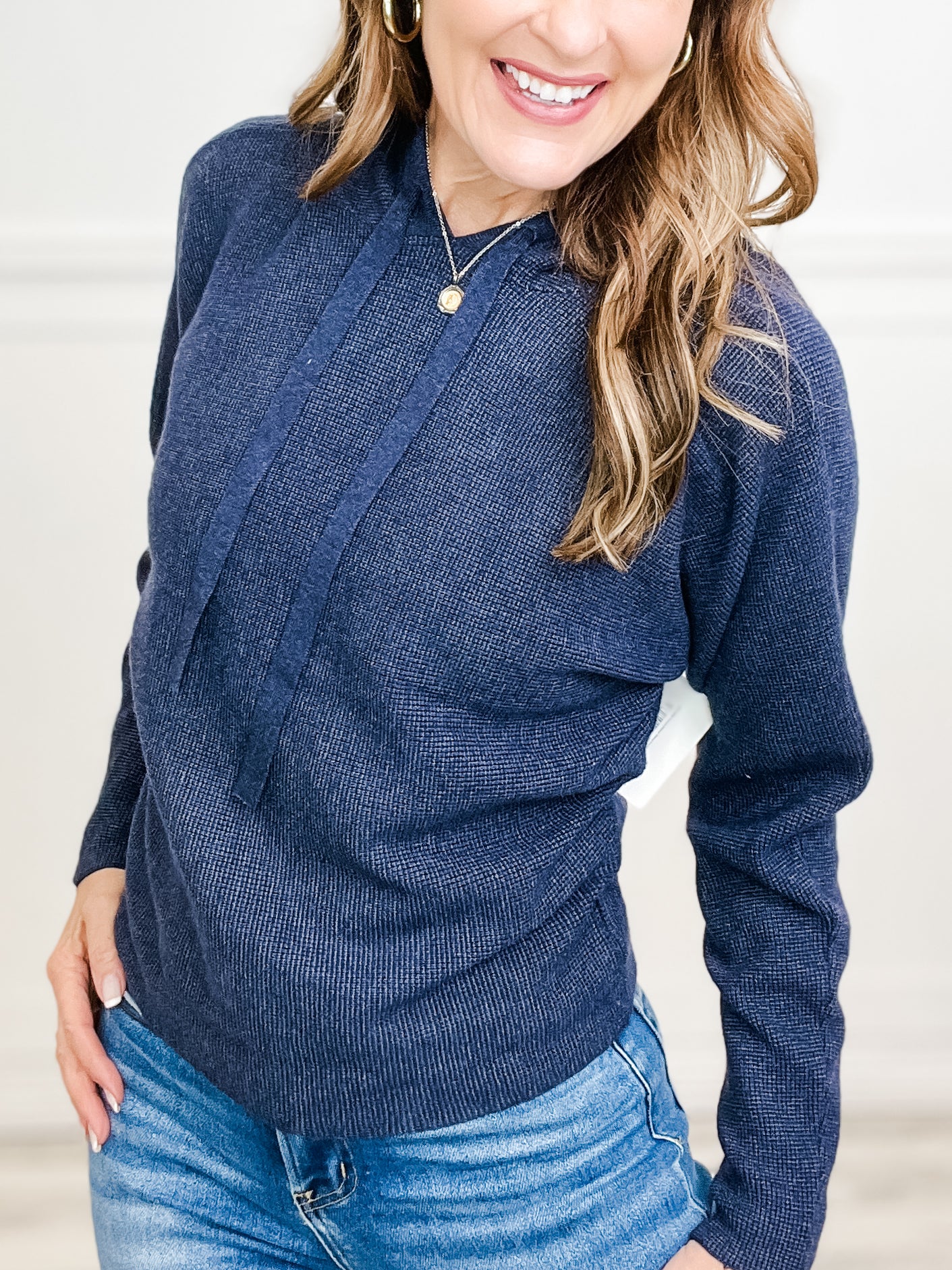 Mini Waffle Texture Dolman Sleeve Hoodie Sweater in Navy