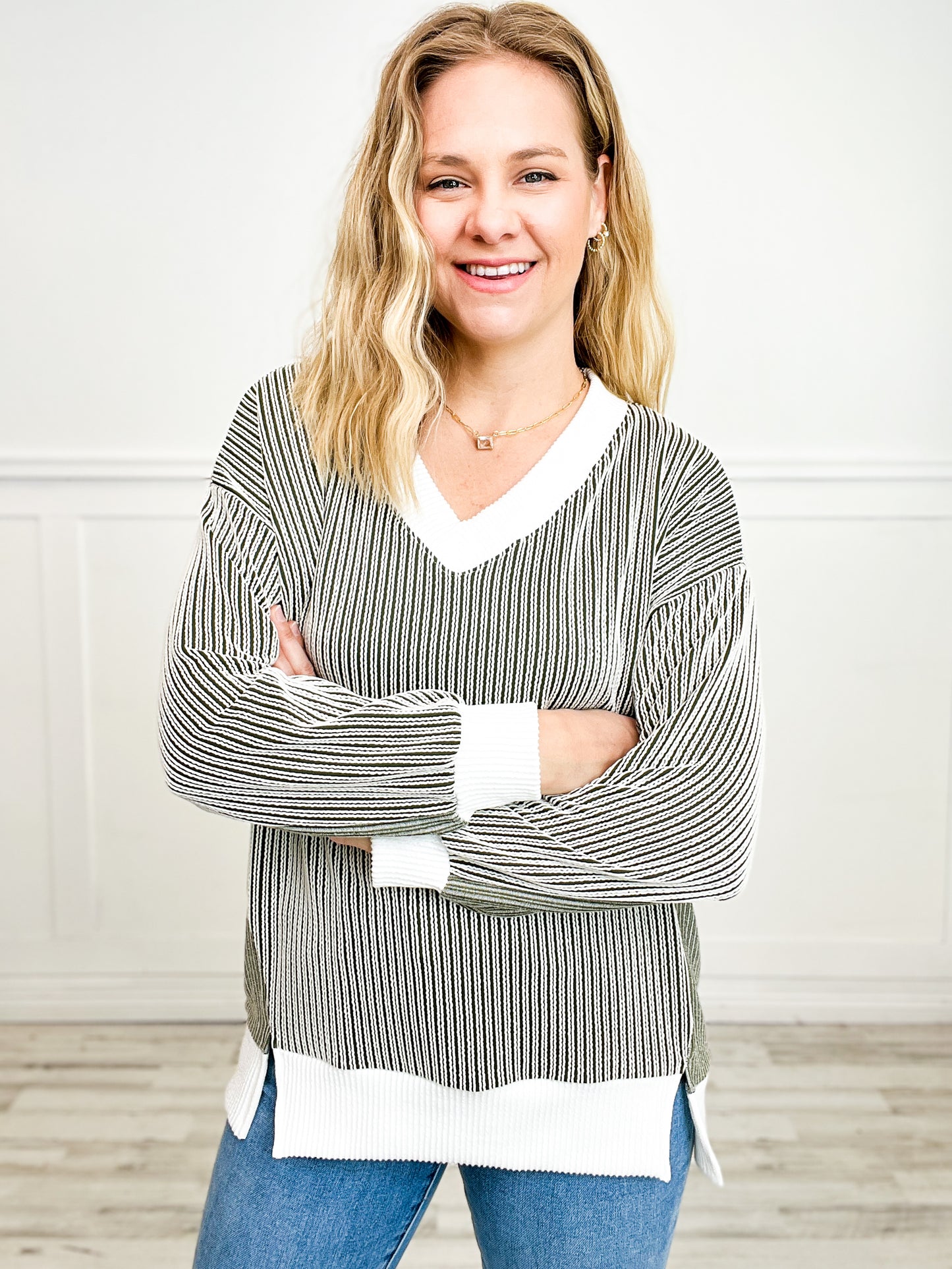 Long Sleeve Two Tone Ribbed Tunic Top