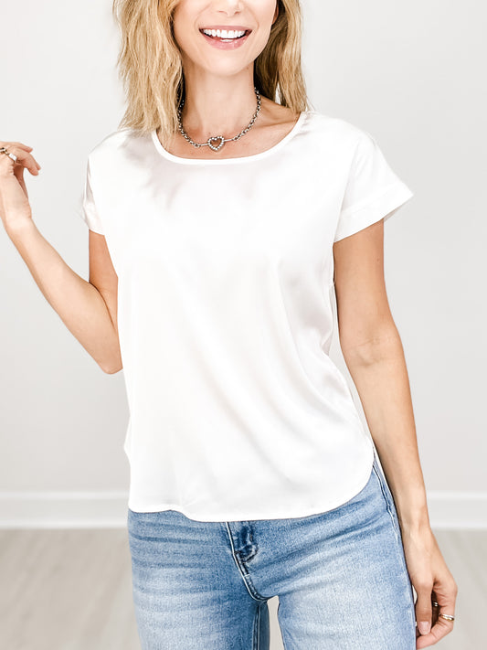 Stretch Satin Short Sleeve Top with Round Neckline