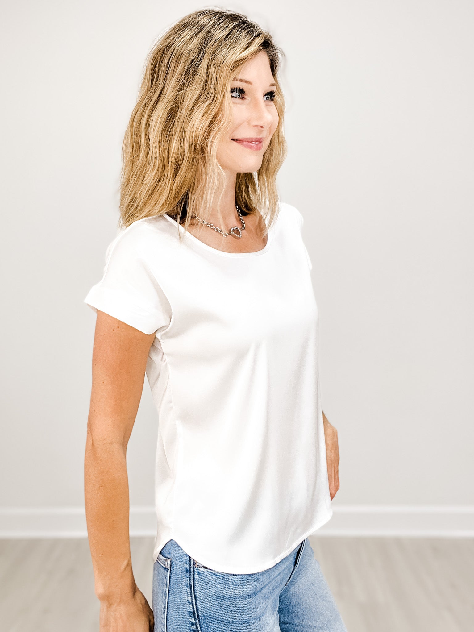 Stretch Satin Short Sleeve Top with Round Neckline