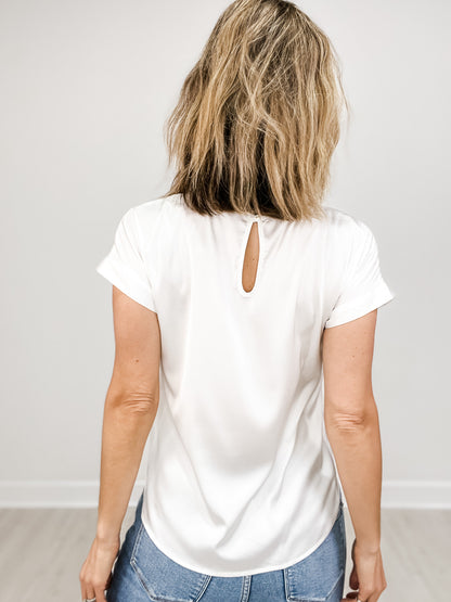 Stretch Satin Short Sleeve Top with Round Neckline