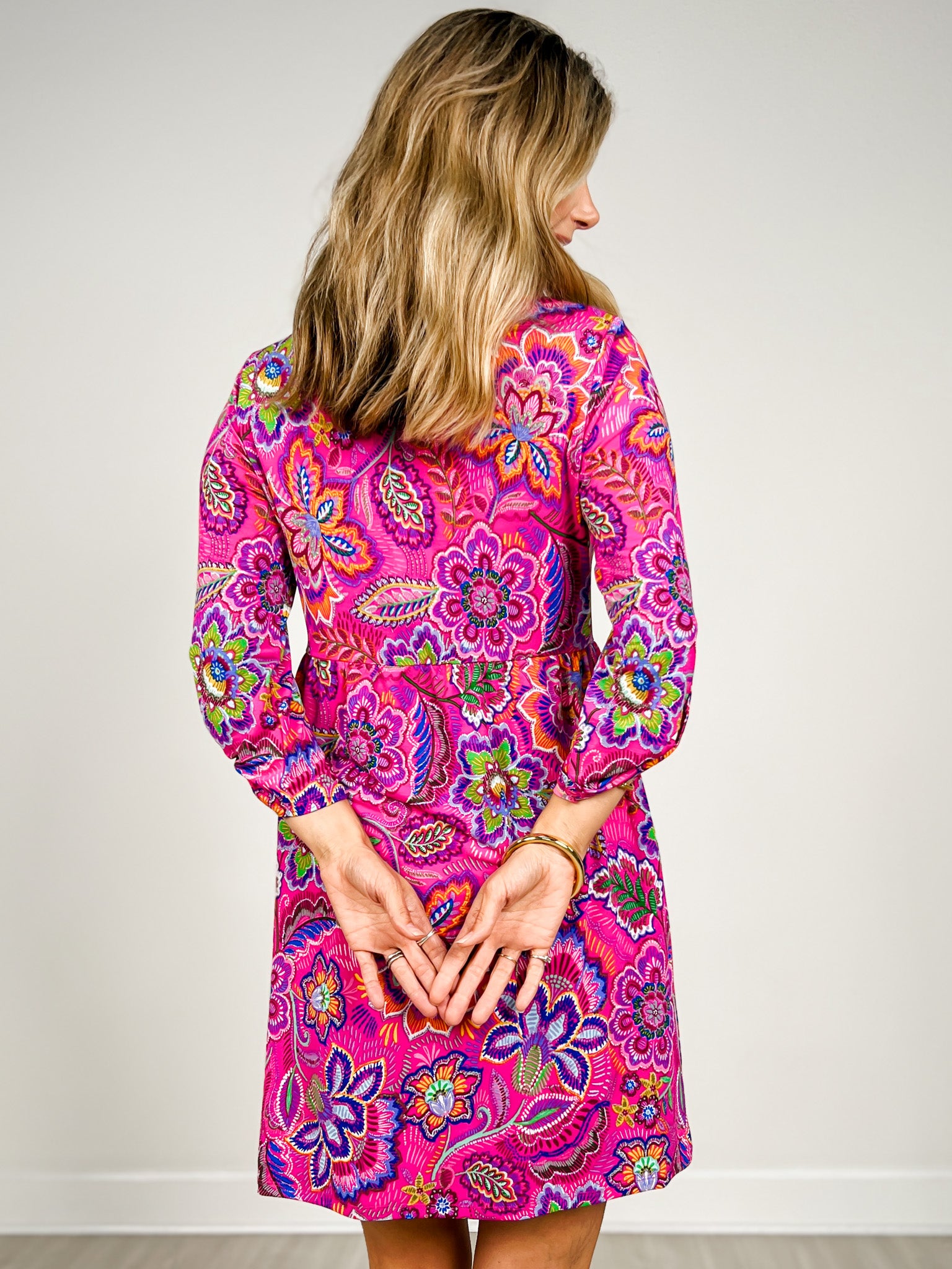 3/4 Length Sleeve Dress with Mandarin Collar in Hot Pink Print