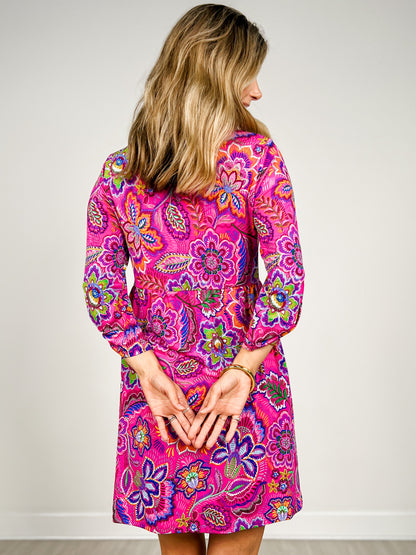 3/4 Length Sleeve Dress with Mandarin Collar in Hot Pink Print