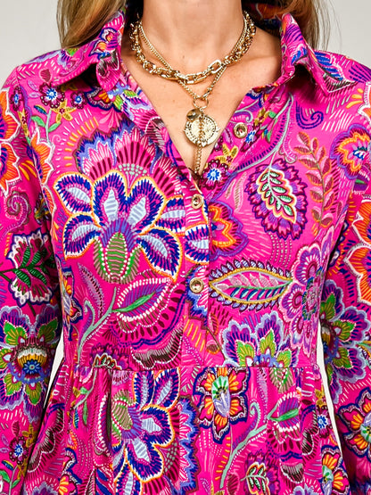 3/4 Length Sleeve Dress with Mandarin Collar in Hot Pink Print