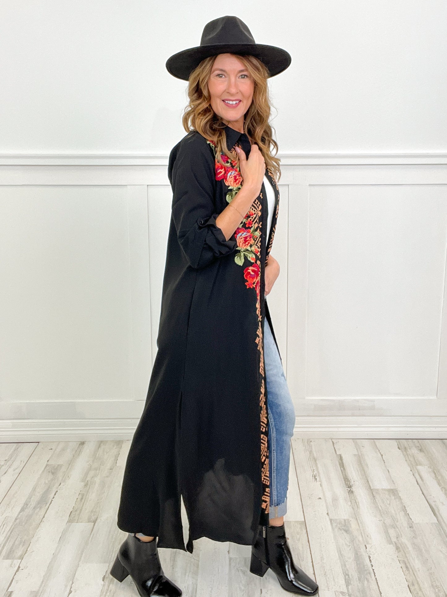 Long Story Short Button Down Maxi Shirt Dress with Floral Embroidery