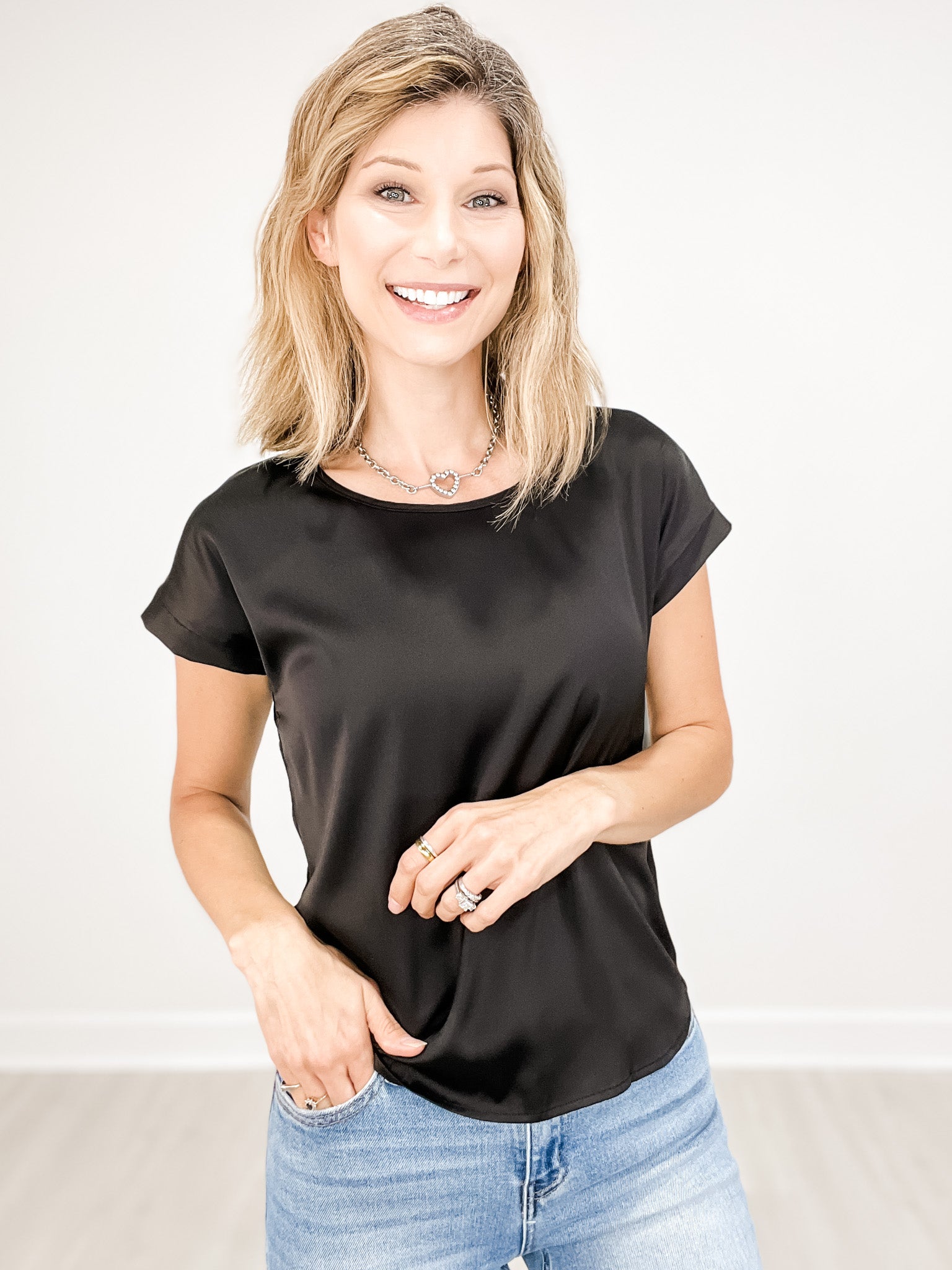 Stretch Satin Short Sleeve Top with Round Neckline