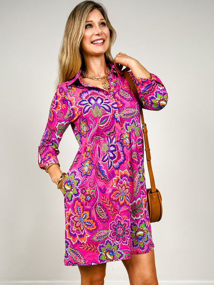 3/4 Length Sleeve Dress with Mandarin Collar in Hot Pink Print