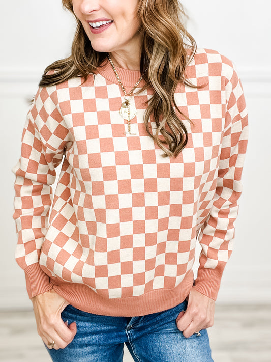 Checkboard Crew Neck Pullover Sweater in Blush