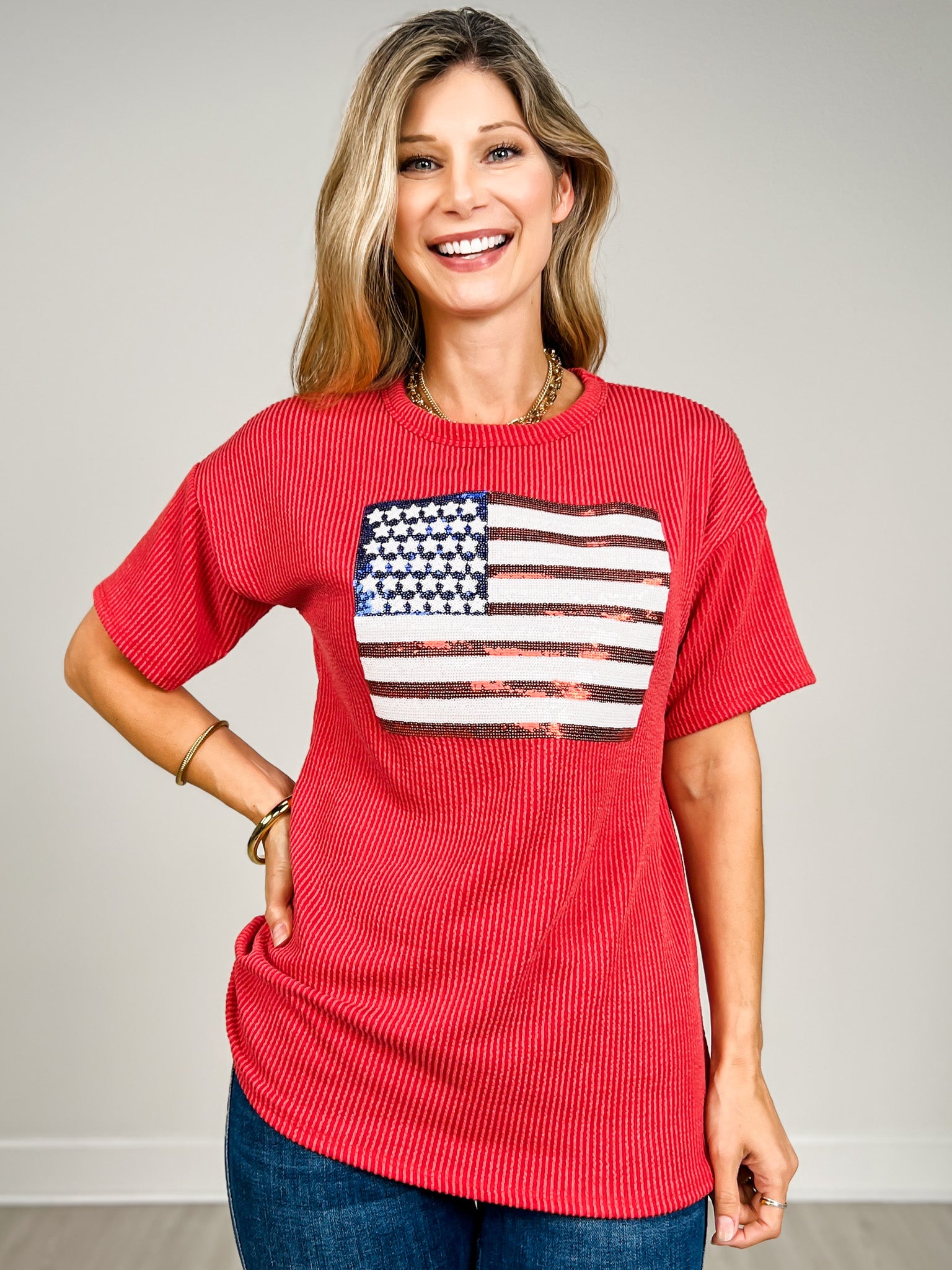 Short Sleeve Sequin Flag Patch Top