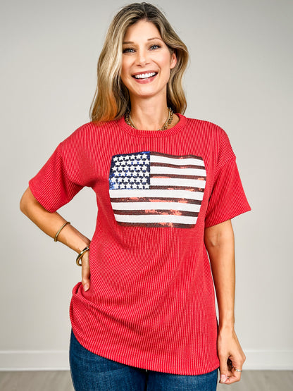 Short Sleeve Sequin Flag Patch Top