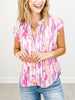 Printed Short Sleeve V-Neck Top with Shirring Neckline
