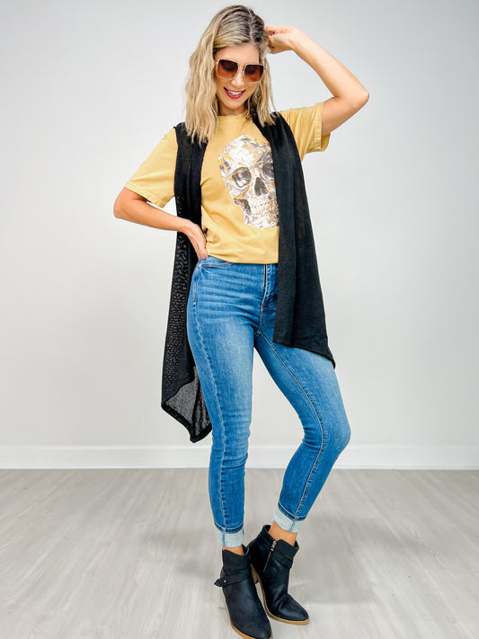 Front Drape Open Front Sleeveless Knit Vest in BLACK