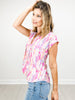 Printed Short Sleeve V-Neck Top with Shirring Neckline