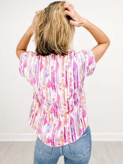 Printed Short Sleeve V-Neck Top with Shirring Neckline