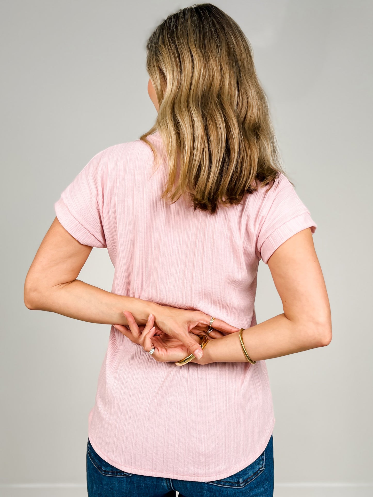 Ribbed Short Sleeve Split Neckline Top