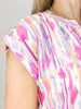 Printed Short Sleeve V-Neck Top with Shirring Neckline