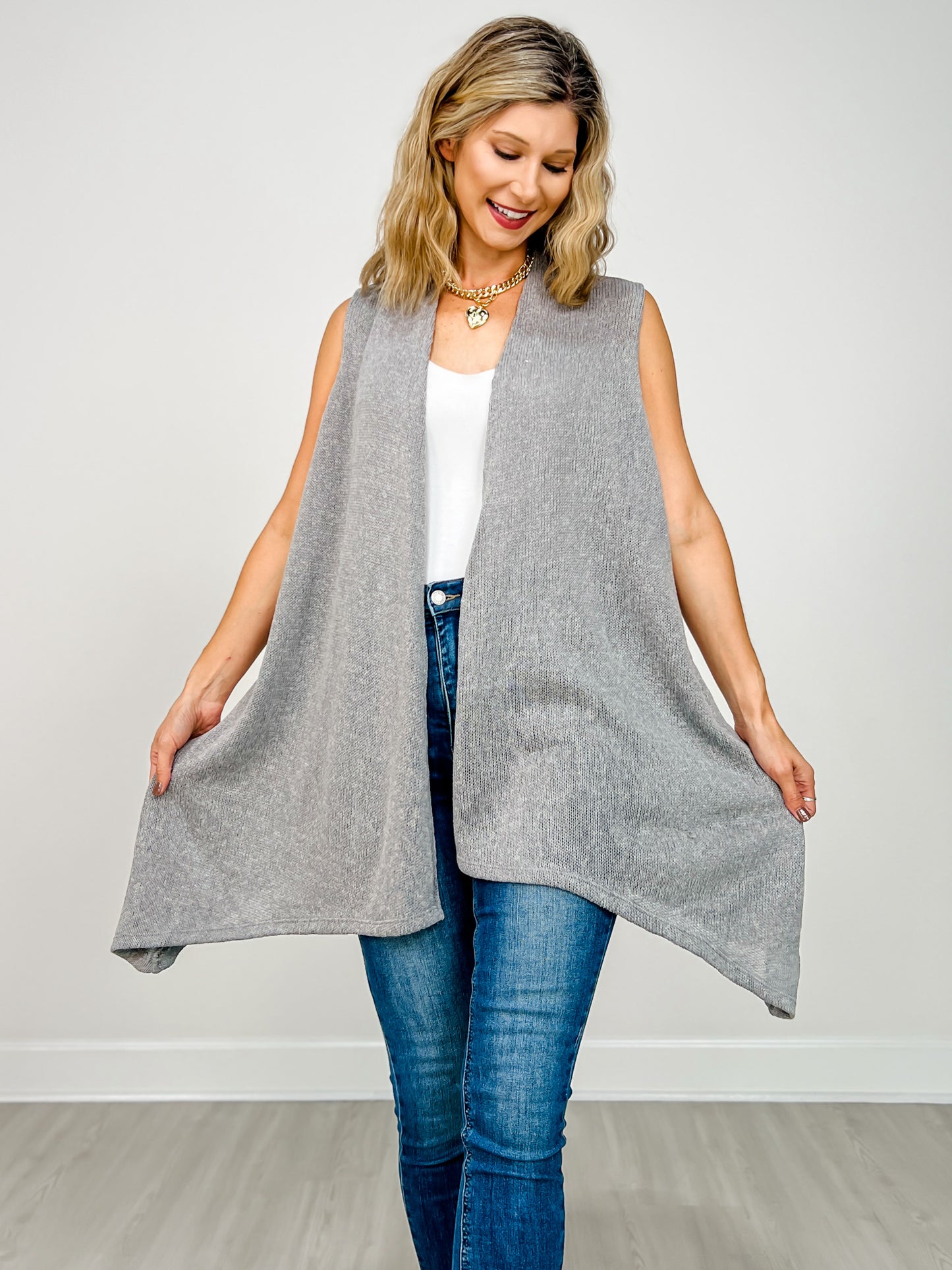 Front Drape Open Front Sleeveless Knit Vest in SOFT GREY
