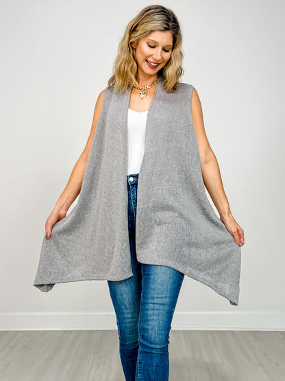 Front Drape Open Front Sleeveless Knit Vest in SOFT GREY