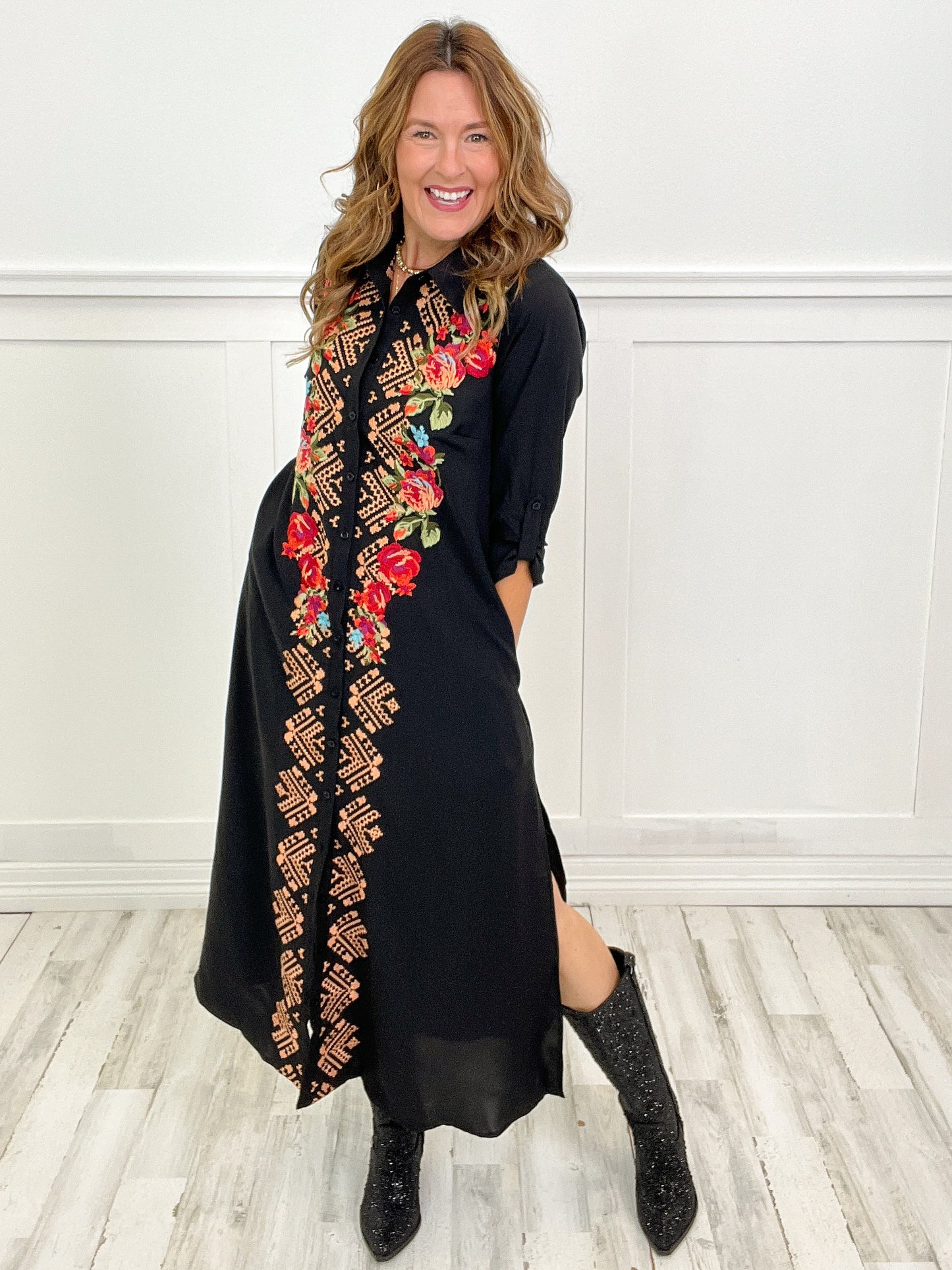 Long Story Short Button Down Maxi Shirt Dress with Floral Embroidery