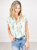Printed Short Sleeve V-Neck Top with Shirring Neckline