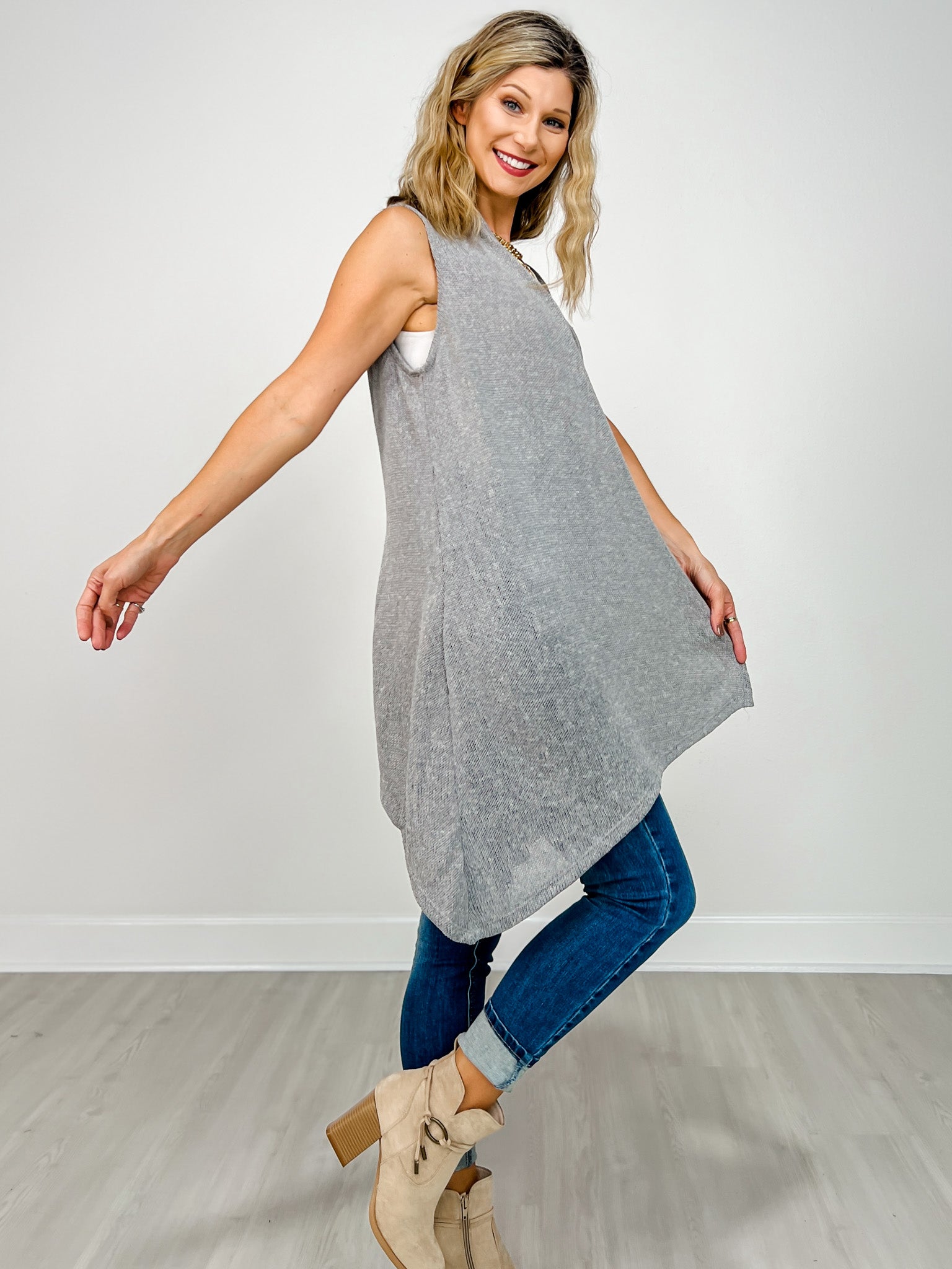 Front Drape Open Front Sleeveless Knit Vest in SOFT GREY