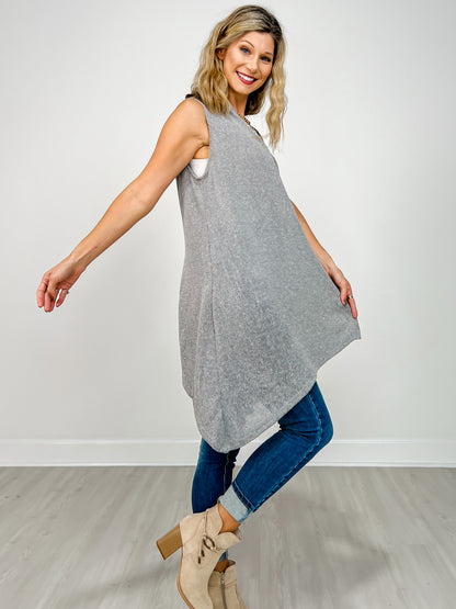 Front Drape Open Front Sleeveless Knit Vest in SOFT GREY