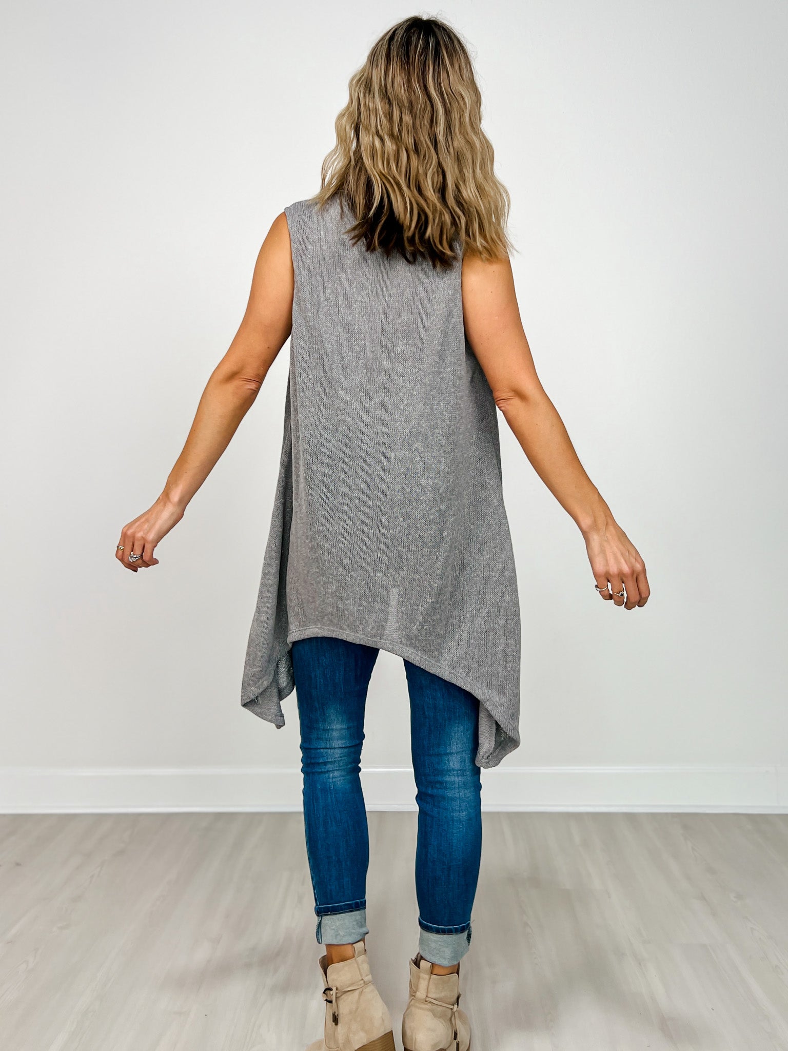 Front Drape Open Front Sleeveless Knit Vest in SOFT GREY