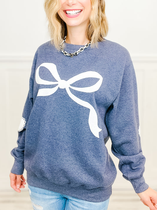 Dainty Bow With Lace Heart Elbow Patches Sweatshirt Top