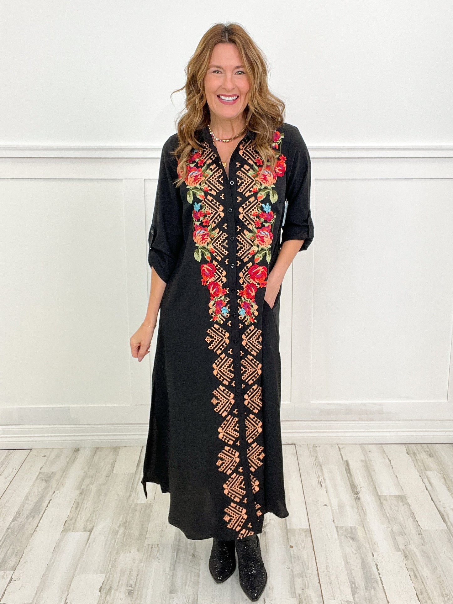 Long Story Short Button Down Maxi Shirt Dress with Floral Embroidery