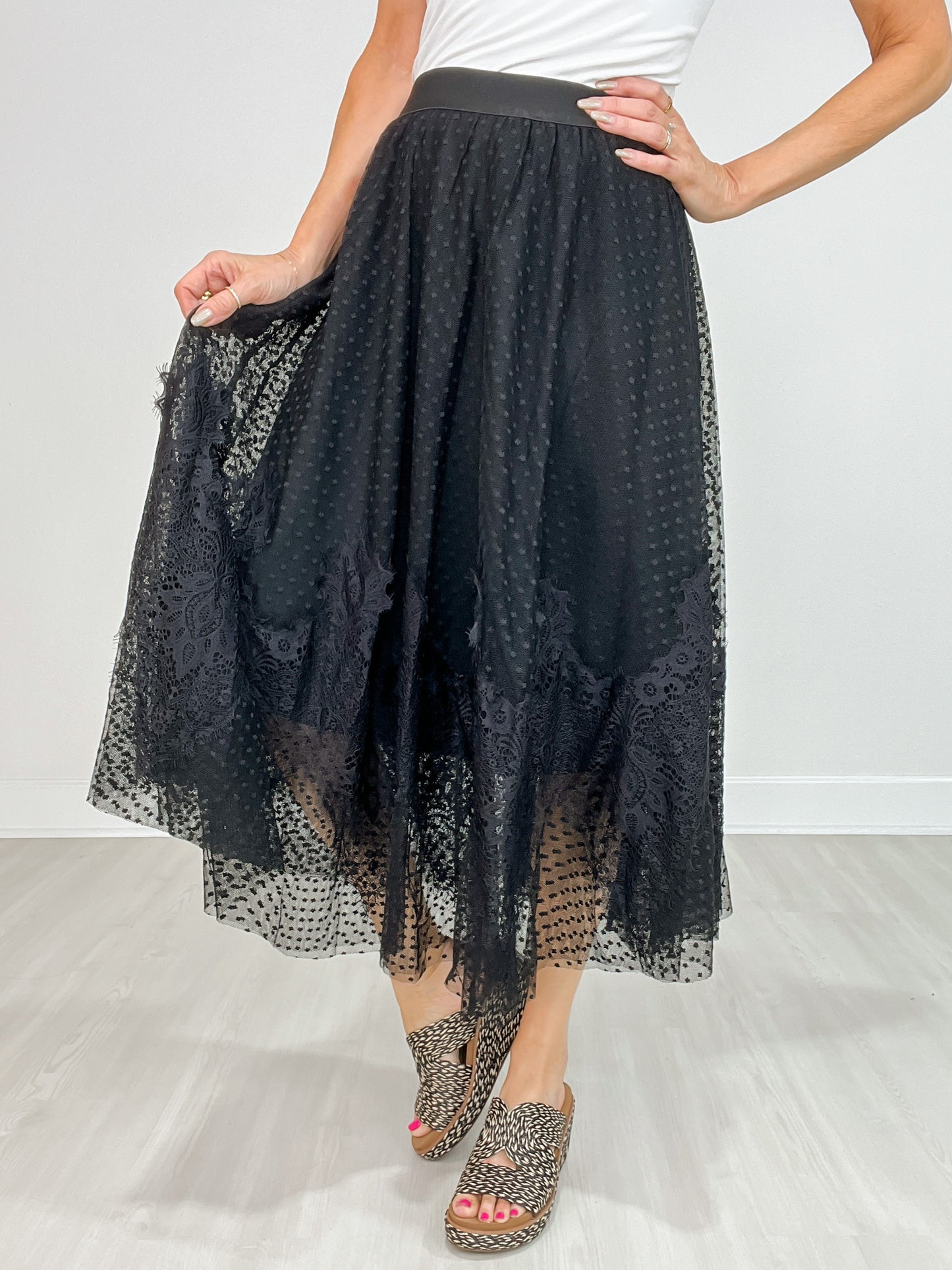 Wide Lace Dot Mesh Skirt
