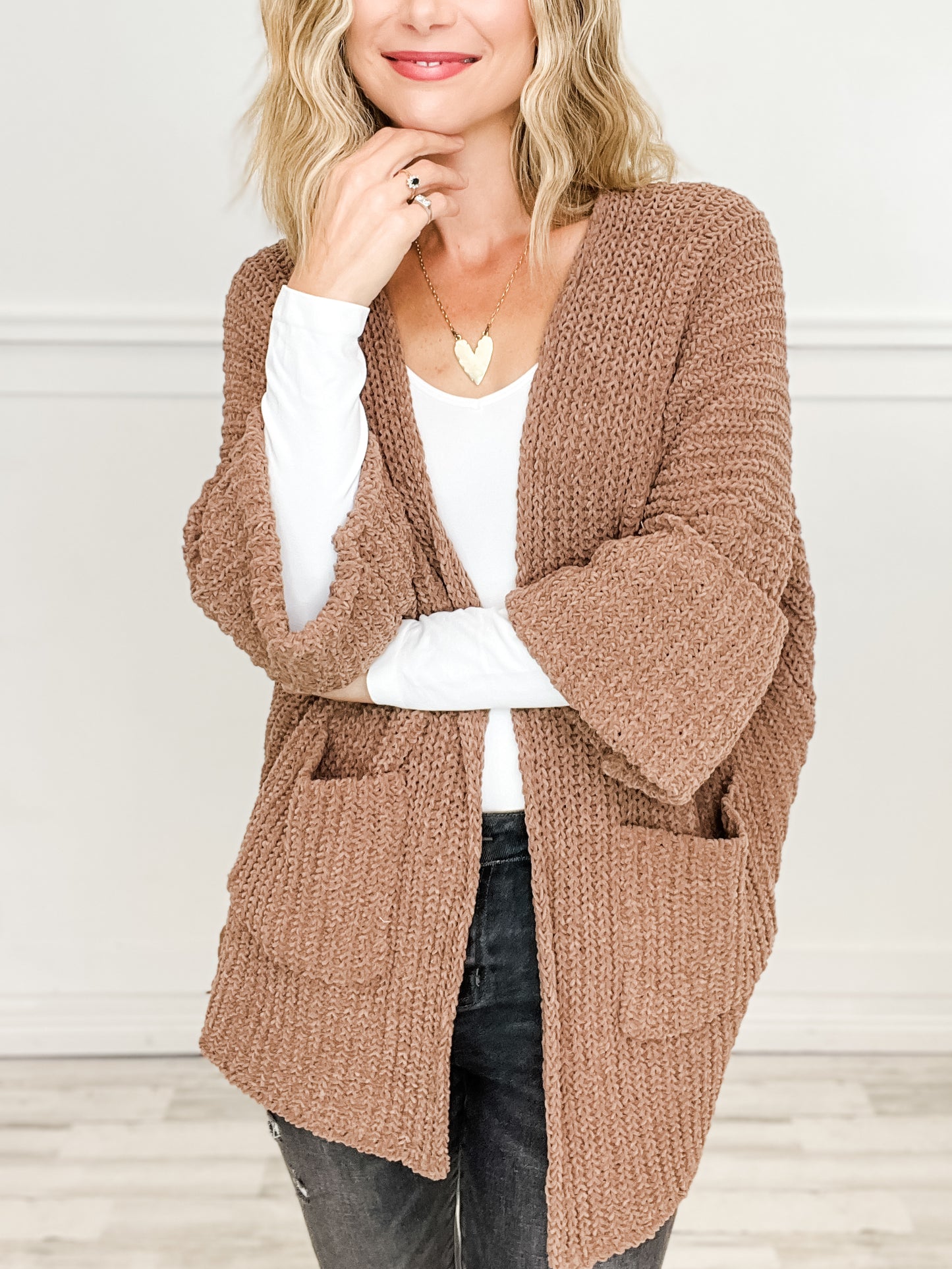 Long Sleeve Knit Cardigan Sweater with Open Front and Pockets