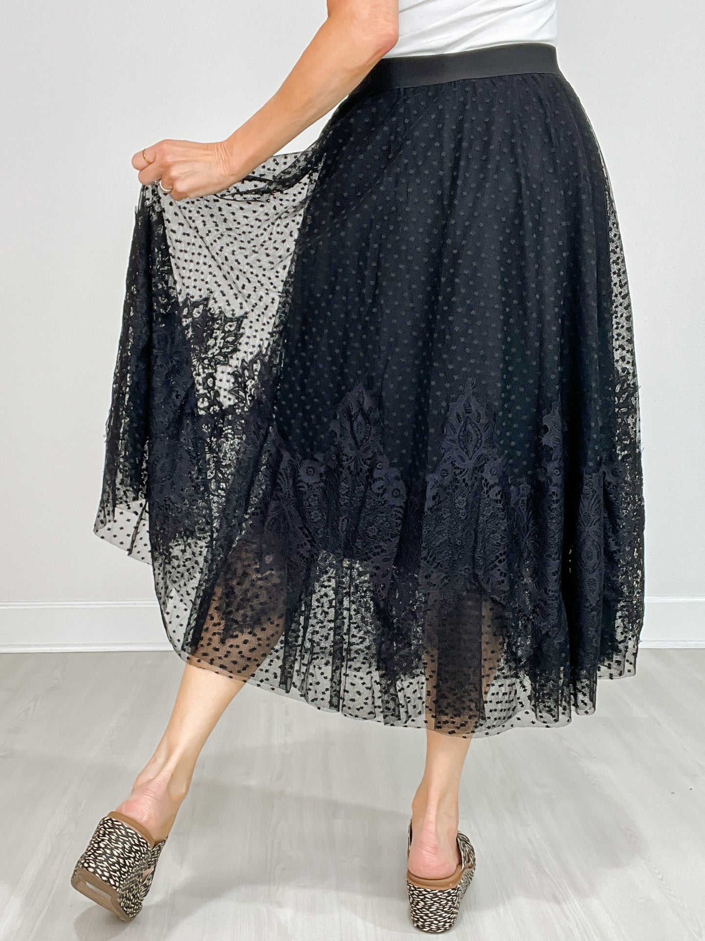 Wide Lace Dot Mesh Skirt